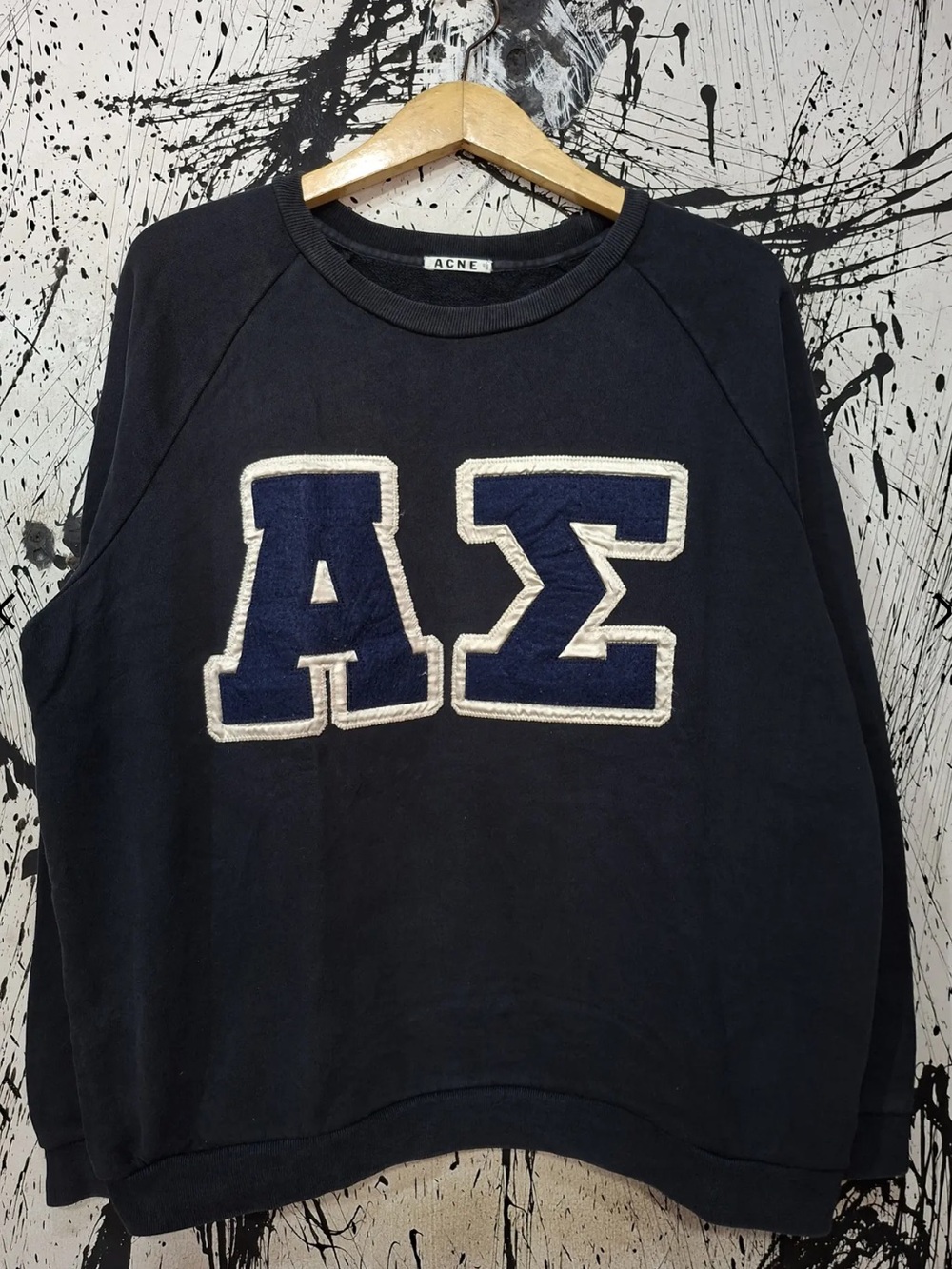 Acne Navy Crewneck Sweatshirt with Cream-Trim Letter Appliqués